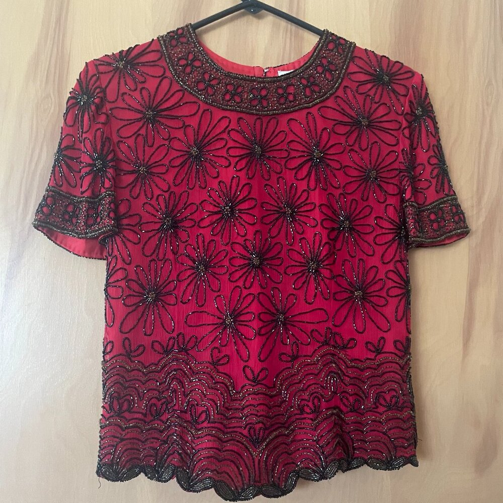 Beaded floral short sleeve top